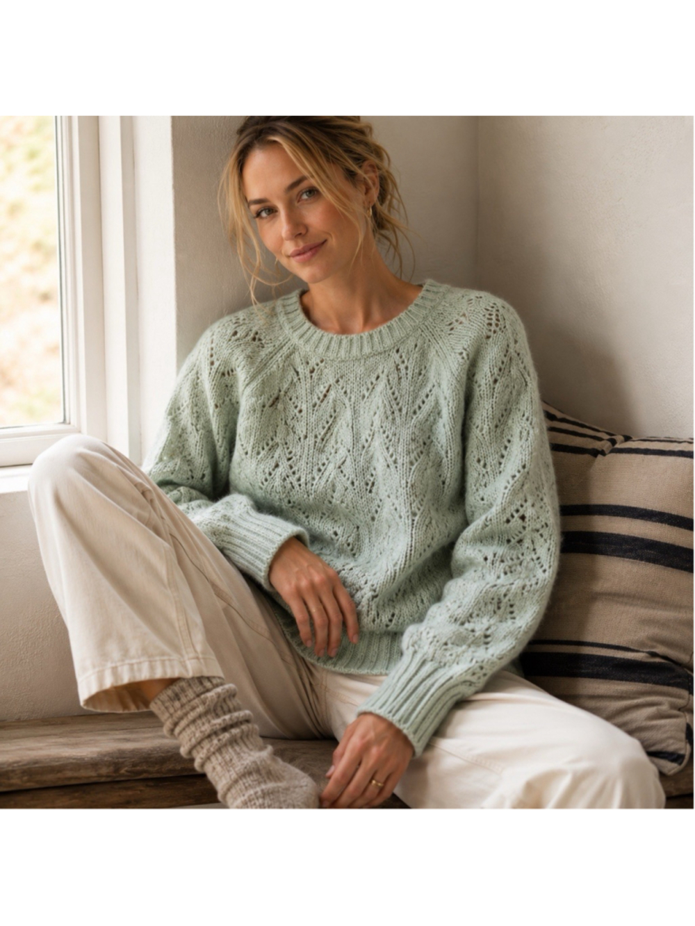 J Crew Wool Blend Mint Green Pointelle Balloon Sleeve Chunky Cozy Sweater XL NWT